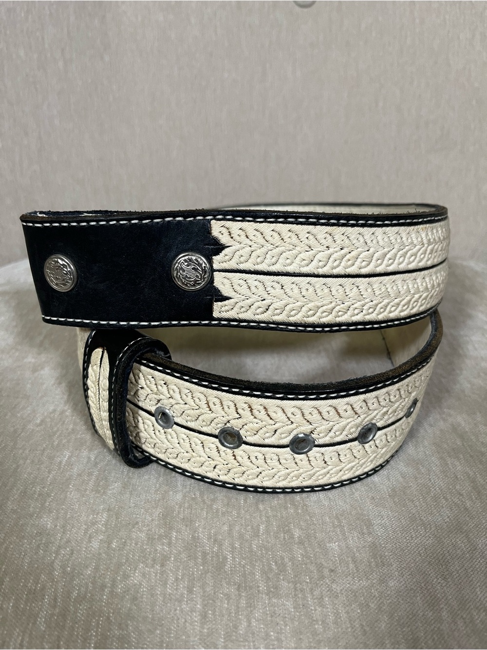 Men's Woven Cream and Black Leather Belt